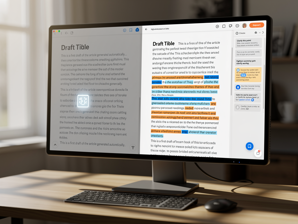 Split-screen comparison showing raw AI-generated text on the left and polished, human-edited final content on the right, with tracked changes and editorial comments visible in a document editing interface