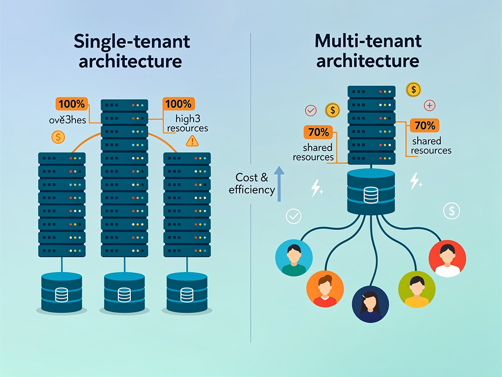 Comparison infographic showing single-tenant architecture with multiple separate server stacks versus multi-tenant architecture with one unified server stack serving multiple customers, illustrated with cost savings percentages and efficiency metrics