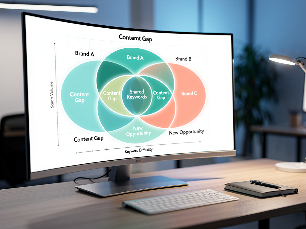 Detailed keyword gap analysis dashboard showing a Venn diagram of competitor keyword overlaps, with sections highlighting unique opportunities, shared keywords, and untapped long-tail variations, displayed on a large monitor in a marketing agency workspace