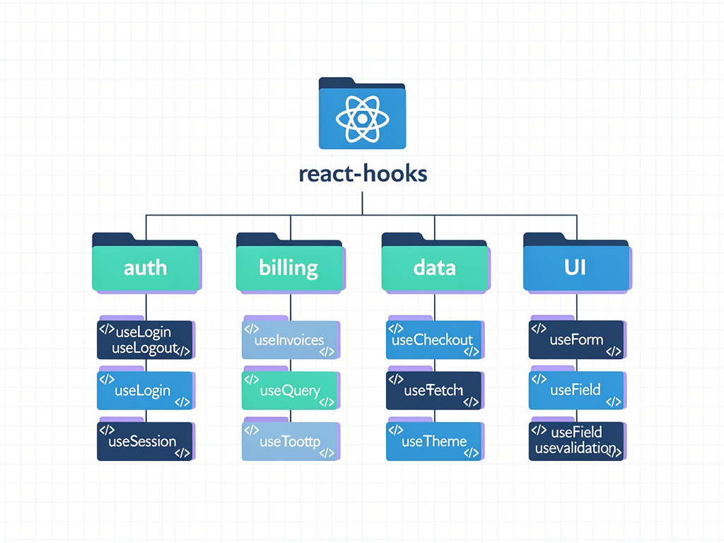 File structure diagram showing an organized custom hooks library for a SaaS application, with folders for different domains like auth, billing, and data, each containing related hook files and index exports, presented in a clean developer-focused infographic style