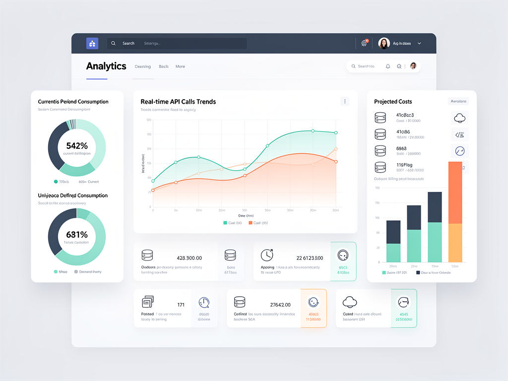 Dashboard interface showing real-time usage metrics with line graphs displaying API calls over time, current billing period usage totals, and projected costs based on current consumption rate