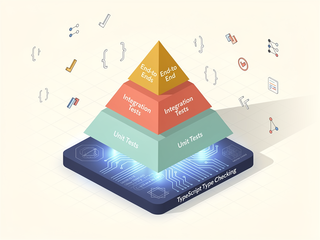 Testing pyramid diagram showing unit tests at the base, integration tests in the middle, and end-to-end tests at the top, with TypeScript type checking shown as a foundation layer beneath the pyramid
