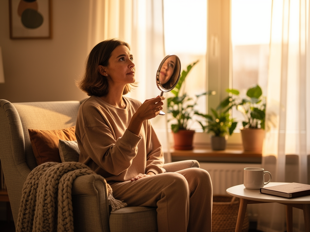 A person sitting peacefully by a window with soft morning light streaming in, looking contemplative but calm, surrounded by indoor plants and a warm, comfortable living space that suggests safety and tranquility
