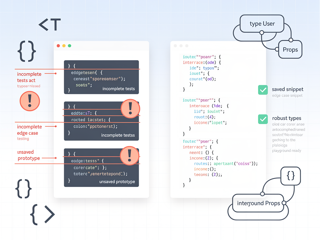 Warning sign infographic showing common TypeScript prototyping mistakes with crossed-out examples and correct alternatives, clean educational style with red warning indicators and green checkmarks