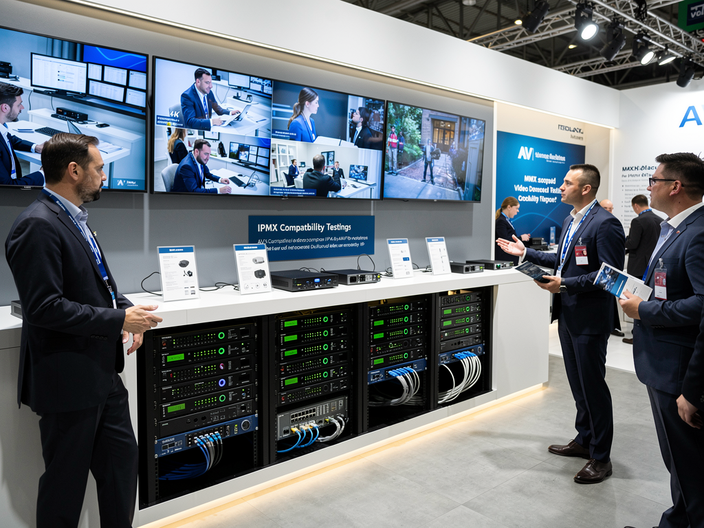 A technology trade show booth displaying IPMX-compatible equipment from various manufacturers, with demonstration screens showing interoperability testing, bright exhibition lighting and professional presentation materials visible