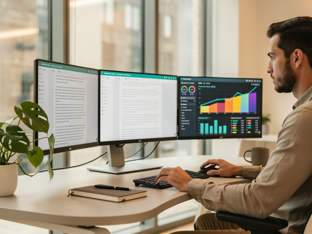 Digital workspace showing a content strategist reviewing AI-generated article drafts on multiple monitors, with SEO analytics dashboards displaying keyword rankings and traffic metrics in a modern office setting with natural lighting