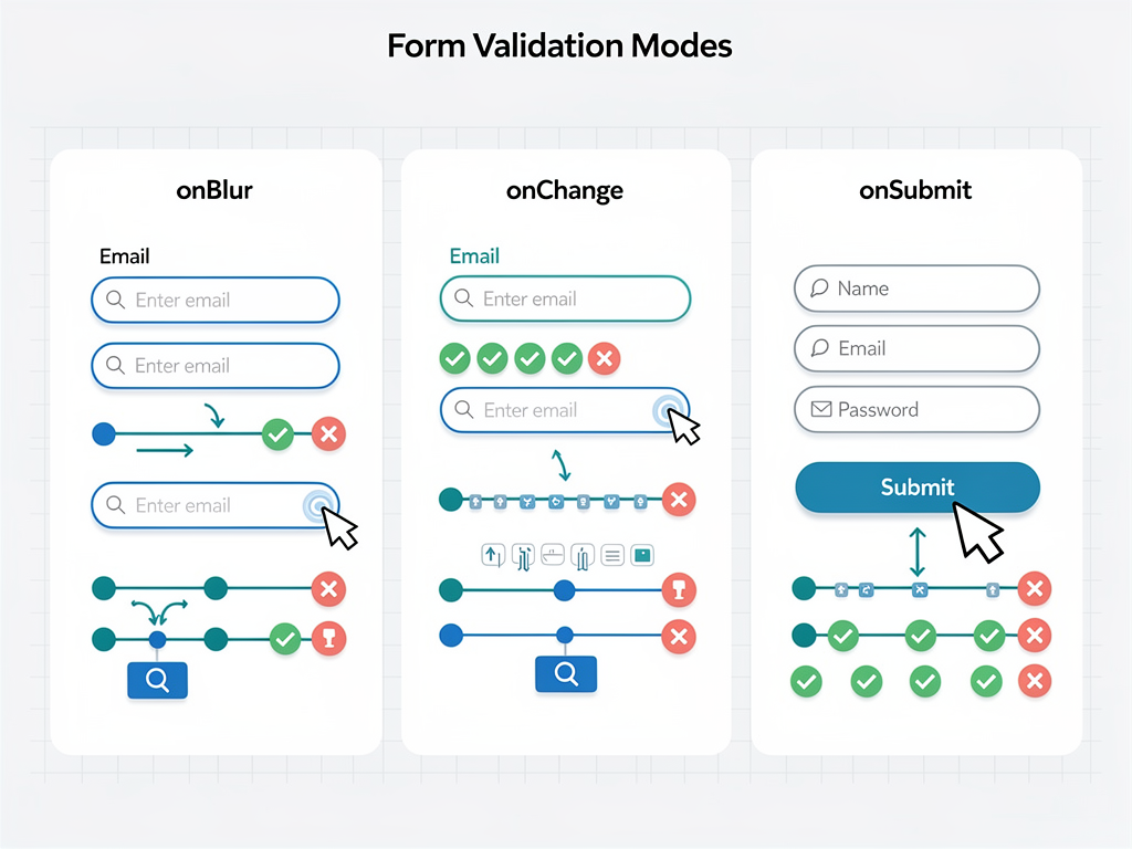 Side-by-side comparison infographic showing three validation modes (onBlur, onChange, onSubmit) with timeline diagrams illustrating when validation triggers occur during user interaction, clean data visualization style with icons representing user actions