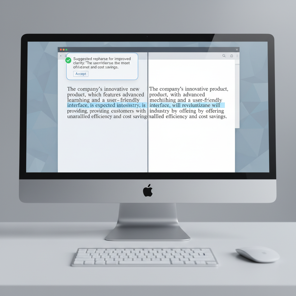 A split screen showing a document being edited in a word processor on the left, with a grammar correction overlay highlighting a sentence and offering a suggested rephrase. The right side shows a clean, corrected version of the same text.