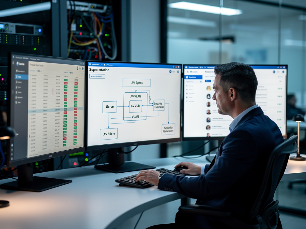 A cybersecurity professional reviewing network security policies on multiple monitors, one screen showing firewall rules while another displays a network segmentation diagram with AV systems highlighted in a separate VLAN, modern security operations center environment