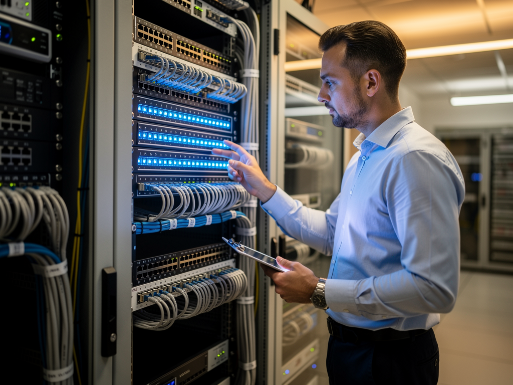 A professional AV technician examining network switches and cable management in a modern server room, with blue LED indicators illuminating the equipment racks, demonstrating the complexity of existing infrastructure assessment