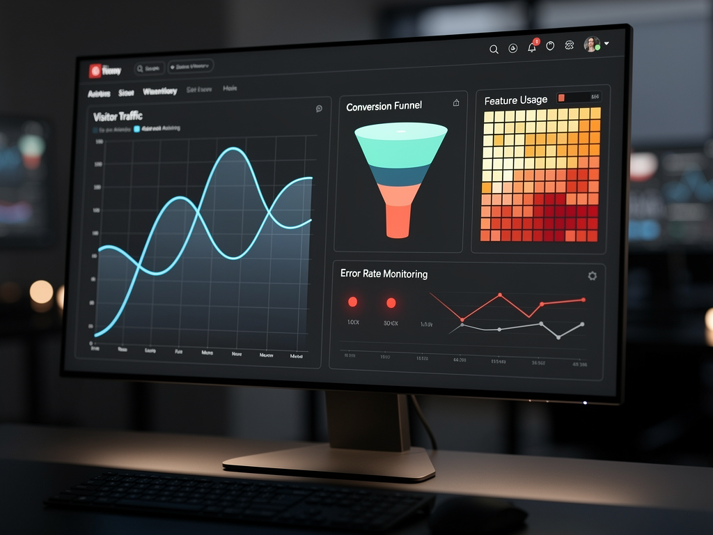Analytics dashboard mockup showing visitor traffic graph, conversion funnel visualization, feature usage heatmap, and error rate monitoring panel, modern dark theme with colorful data visualizations