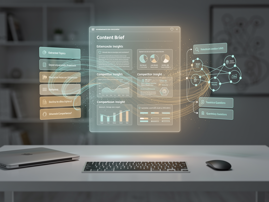 Frase content brief interface displaying competitor analysis with extracted topics, common questions from search results, suggested headings, and statistics to include, organized in a structured research document format