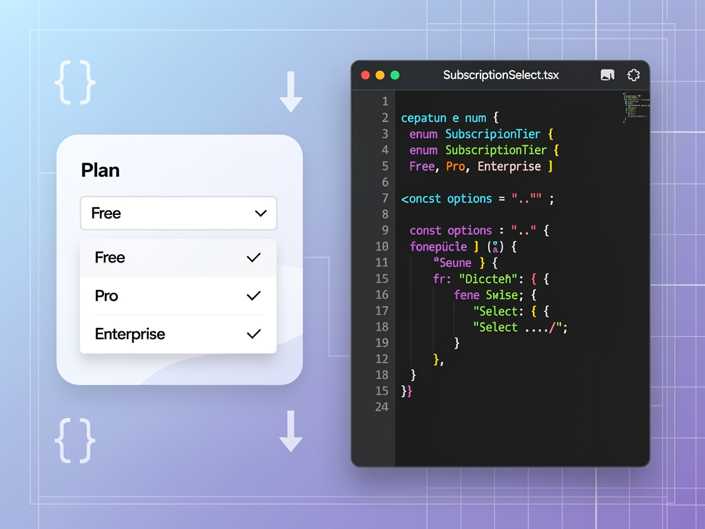 User interface mockup showing a dropdown select component populated with subscription tier options derived from a TypeScript enum, alongside the corresponding React component code, displayed in a split-screen developer tools aesthetic