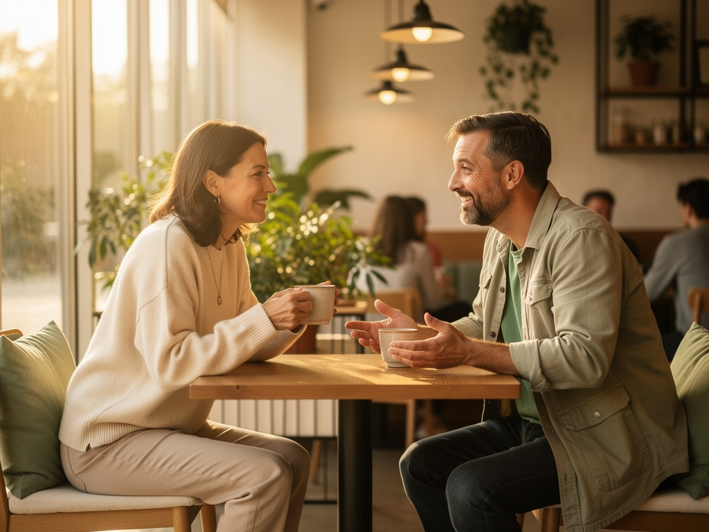 Two friends having coffee together in a bright café, engaged in balanced conversation with relaxed body language, representing healthy reciprocal relationships after recovery from codependent patterns