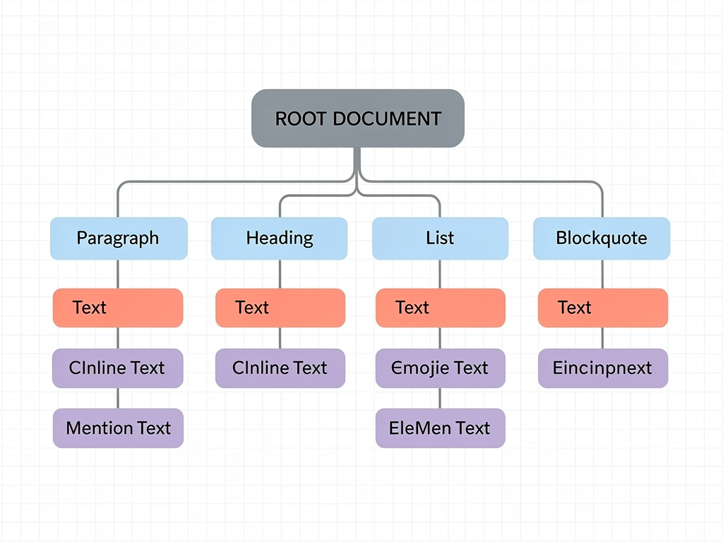Visual diagram showing Slate editor's nested document tree structure with custom node types, illustrating how text nodes, element nodes, and custom components compose together in a hierarchical data visualization format