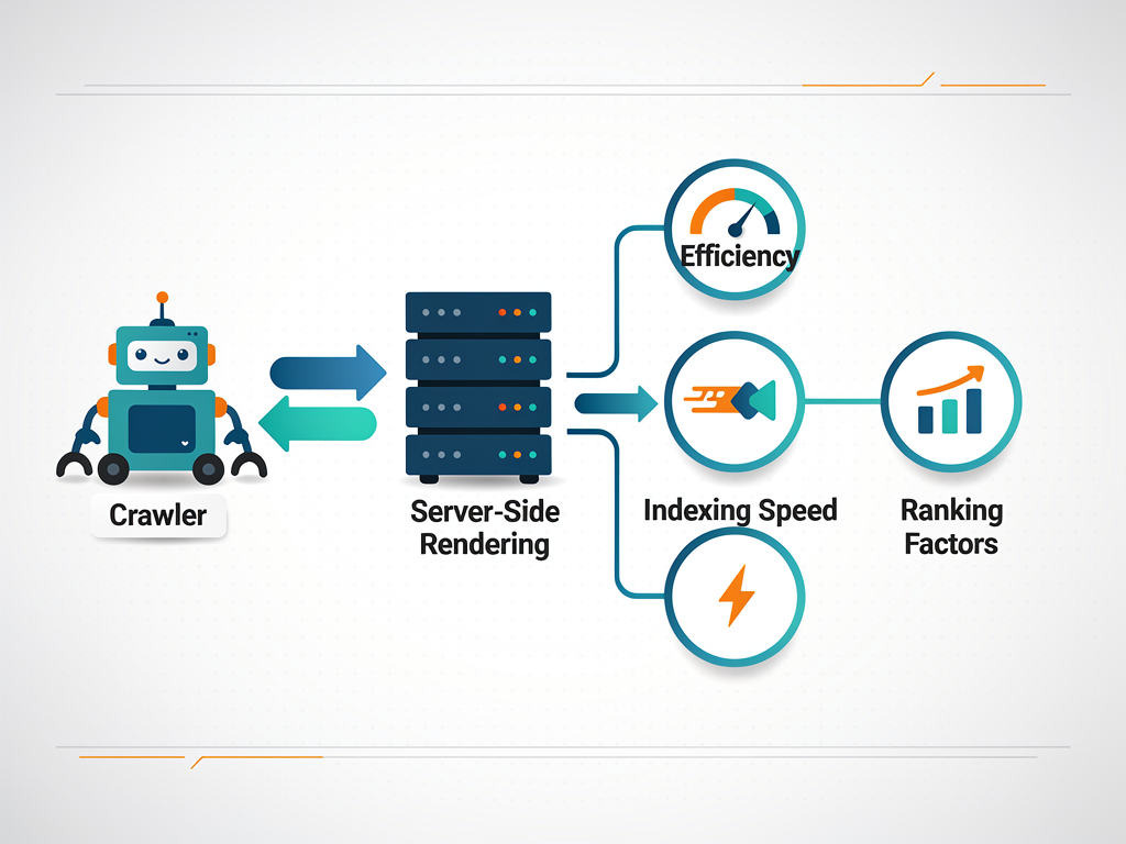 Infographic illustrating the SEO benefits of server-side rendering, showing a flowchart of how search engine crawlers interact with SSR versus CSR pages, with icons representing crawl efficiency, indexing speed, and ranking factors in a clean data visualization aesthetic