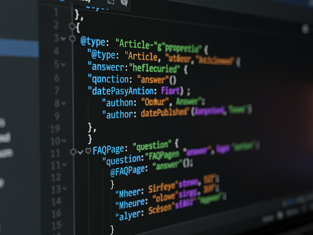 Code editor displaying JSON-LD schema markup for an article, with syntax highlighting showing structured data properties including author, datePublished, and FAQ sections against a dark theme background