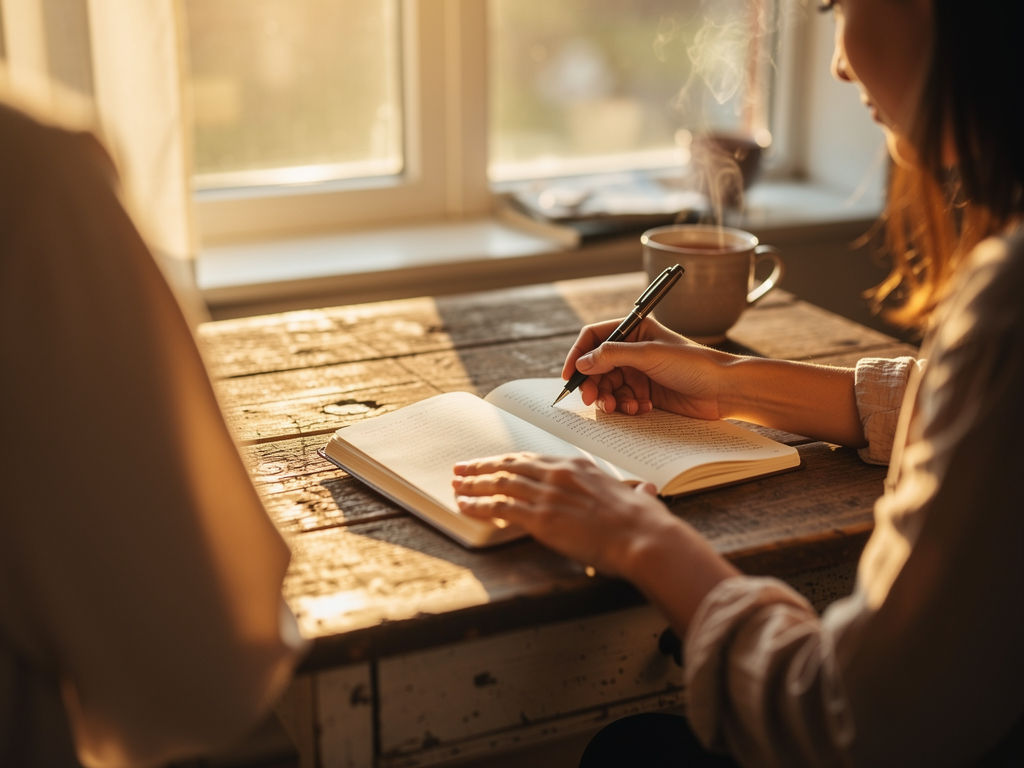 A person writing in a journal at a wooden desk by a window, morning light illuminating the pages, a cup of tea nearby, the scene conveying mindful self-reflection and personal growth work, suggesting ongoing commitment to emotional development and relationship health