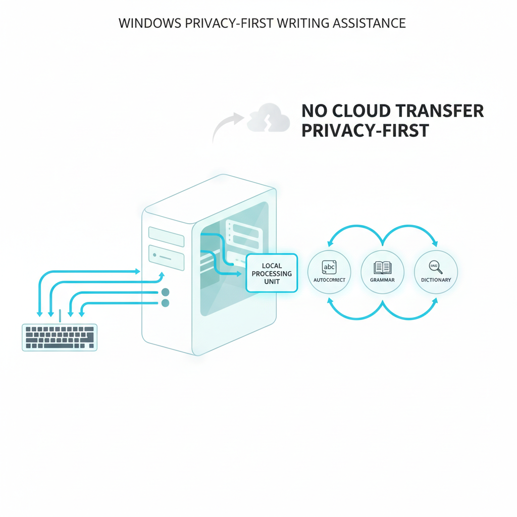 A diagram illustrating the flow of data for a privacy-first writing assistant. Arrows show text input and processing remaining entirely within the user's local computer, with a clear distinction for cloud-based AI features.