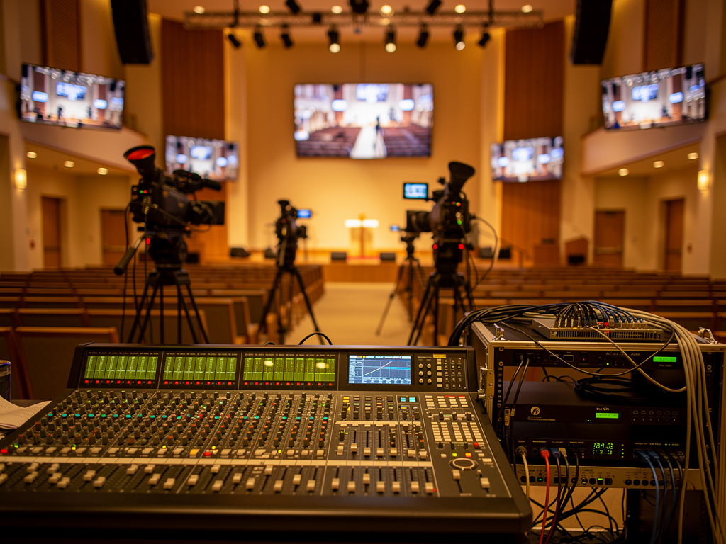 A house of worship installation showing multiple camera positions, audio mixing console, and display screens, with Dante-enabled equipment connected via network cables, warm ambient lighting creating a welcoming environment