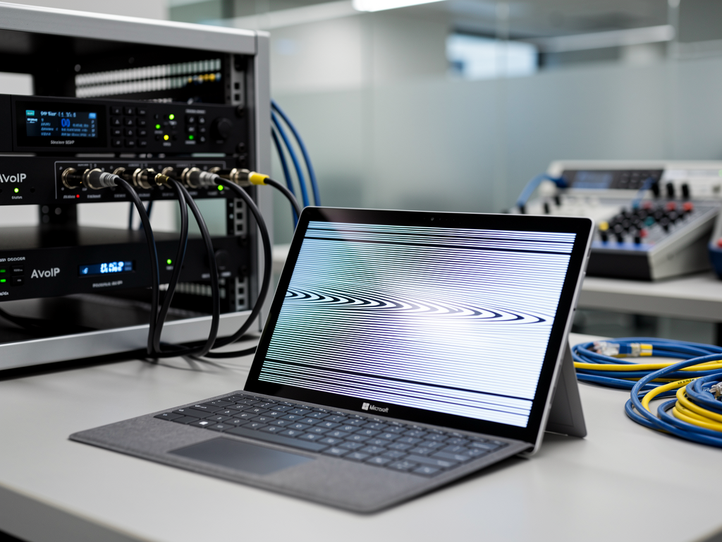 Audio DSP processor and AVoIP decoder mounted in equipment rack with audio patch bay visible, professional installation showing balanced audio connections and network cabling, technical environment with measurement equipment on nearby workbench