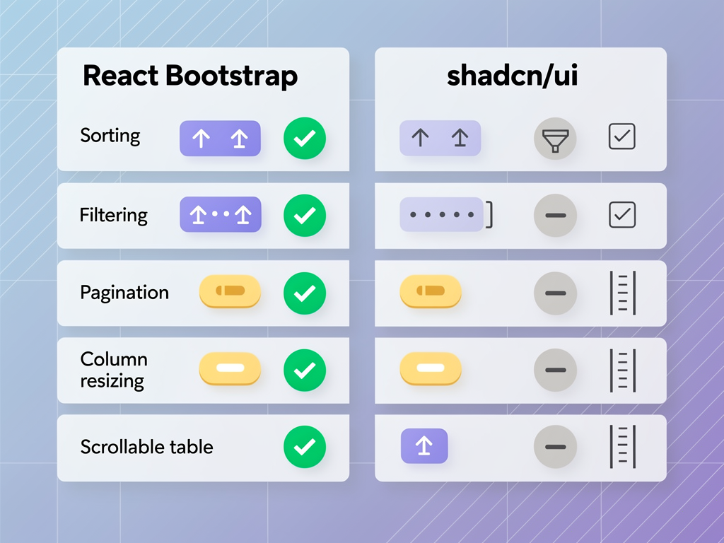 Feature comparison matrix for data table implementations showing sorting, filtering, pagination, row selection, column resizing, and virtual scrolling capabilities for both libraries, using a detailed grid layout with feature icons and support level indicators