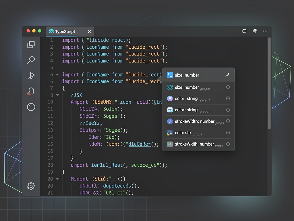 A code editor showing TypeScript autocomplete suggestions for Lucide icon props, with a dark theme IDE interface displaying import statements and component usage examples. The autocomplete dropdown shows available props like size, color, and strokeWidth with their type annotations.