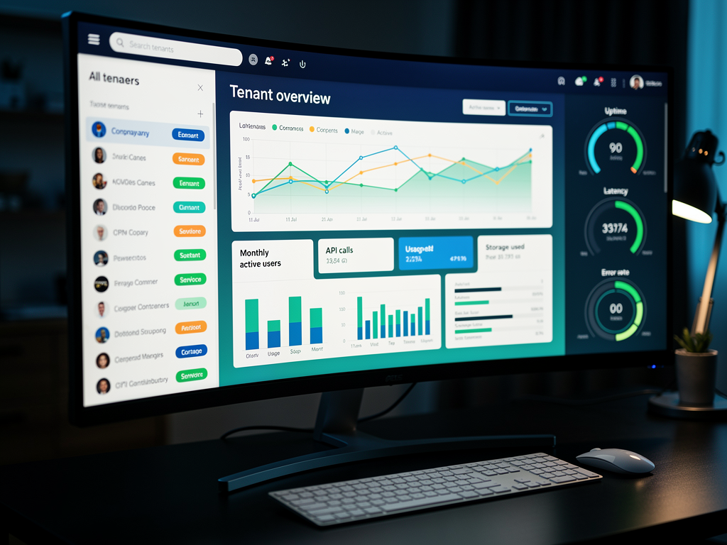Admin dashboard interface showing tenant list with search and filter options, individual tenant detail panel with usage metrics and account status, quick action buttons for common administrative tasks, and system health indicators in sidebar