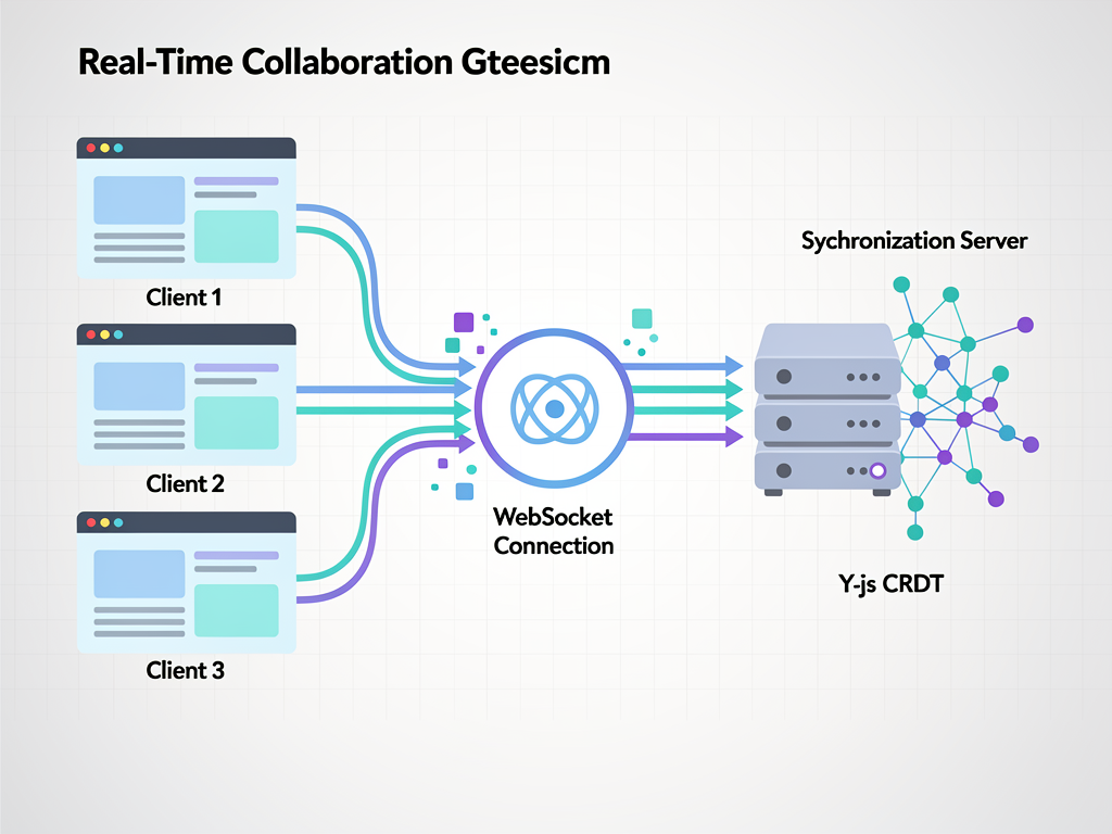Infographic illustrating real time collaboration architecture showing multiple client editors connecting through WebSocket to a synchronization server using Y.js CRDT, with arrows indicating bidirectional data flow in a clean technical diagram style