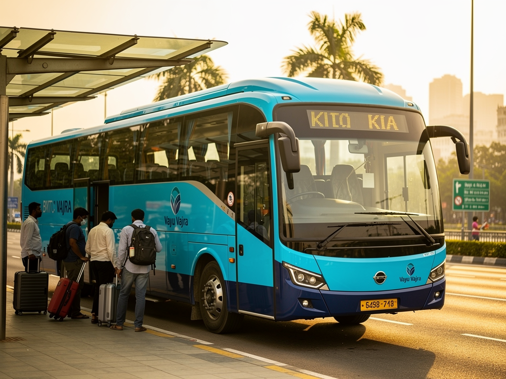Modern BMTC Vayu Vajra bus in cyan-blue livery waiting at a designated airport bus stop, with passengers queuing to board under bright morning sunlight, the amber LED destination display showing the route number clearly
