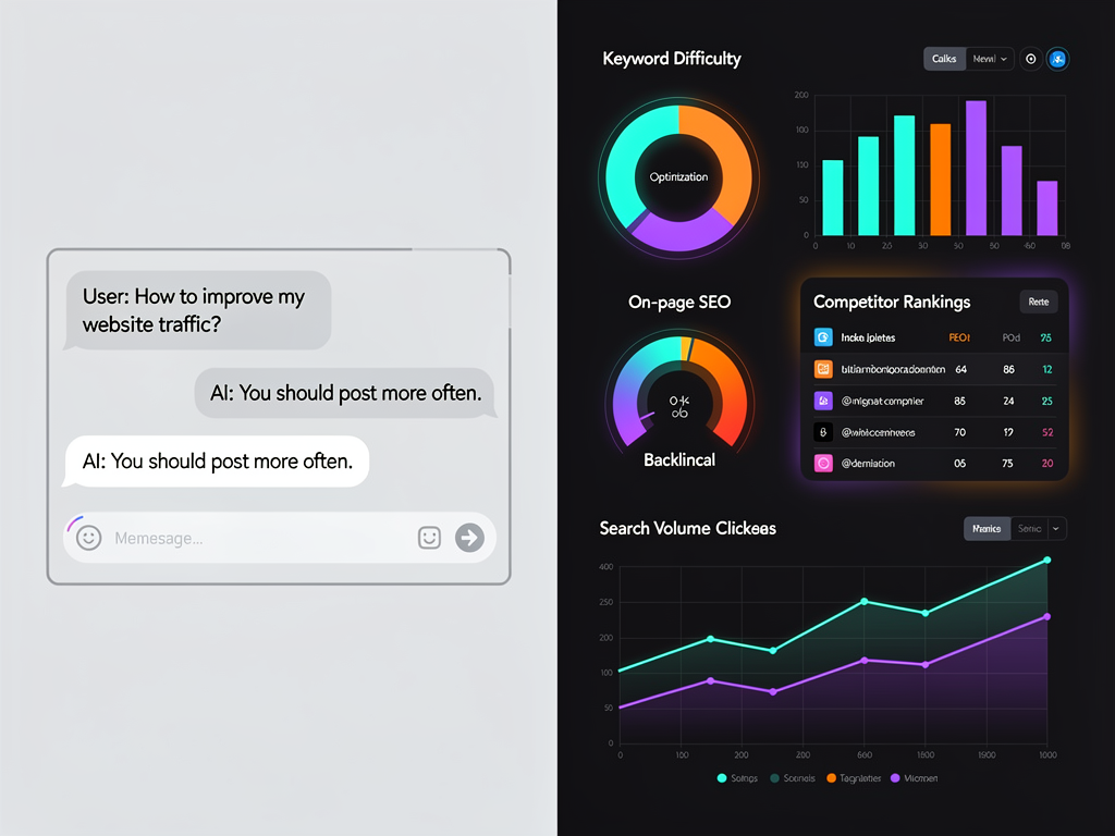 Split-screen comparison showing a generic ChatGPT interface on the left producing plain text output, versus a specialized SEO AI tool on the right displaying keyword metrics, optimization scores, and competitor analysis panels in a modern dashboard with data visualizations
