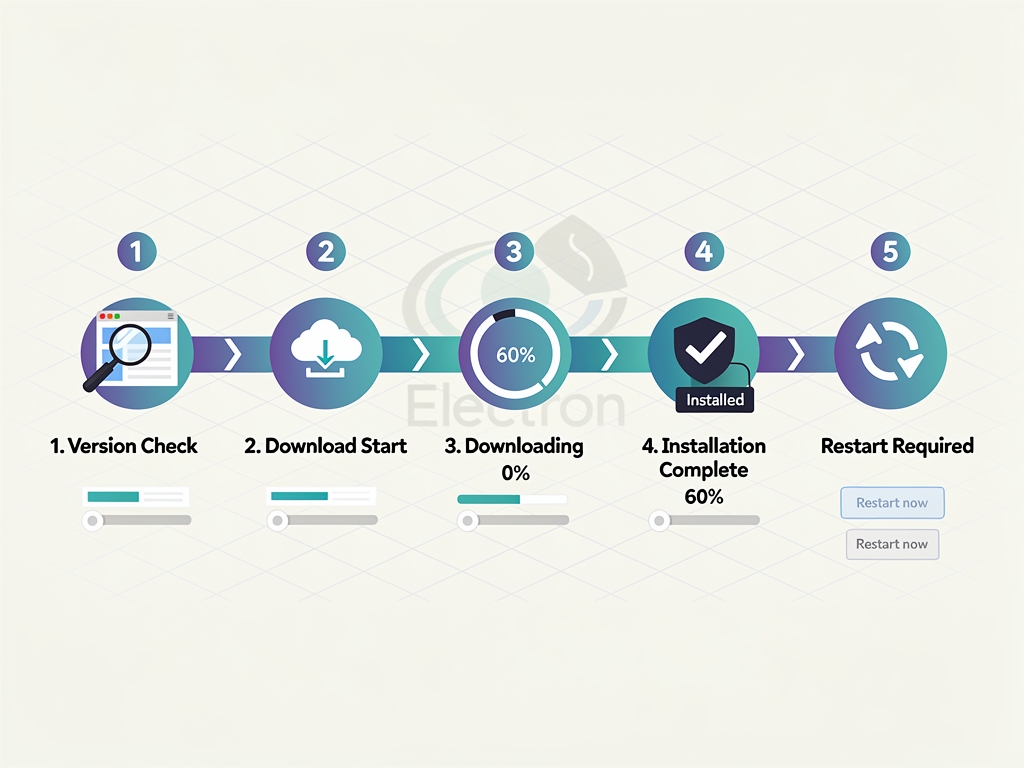 Update flow diagram showing Electron autoUpdater process from version check to download to installation, with user notification stages, progress indicators, and restart prompt, timeline style infographic with numbered steps and status icons