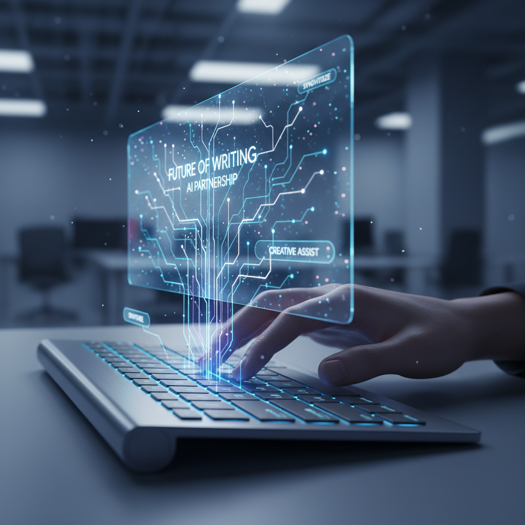 A futuristic, abstract representation of AI and human collaboration in writing. Glowing neural network lines connect a human hand typing on a keyboard to a holographic display showing evolving text and suggestions.