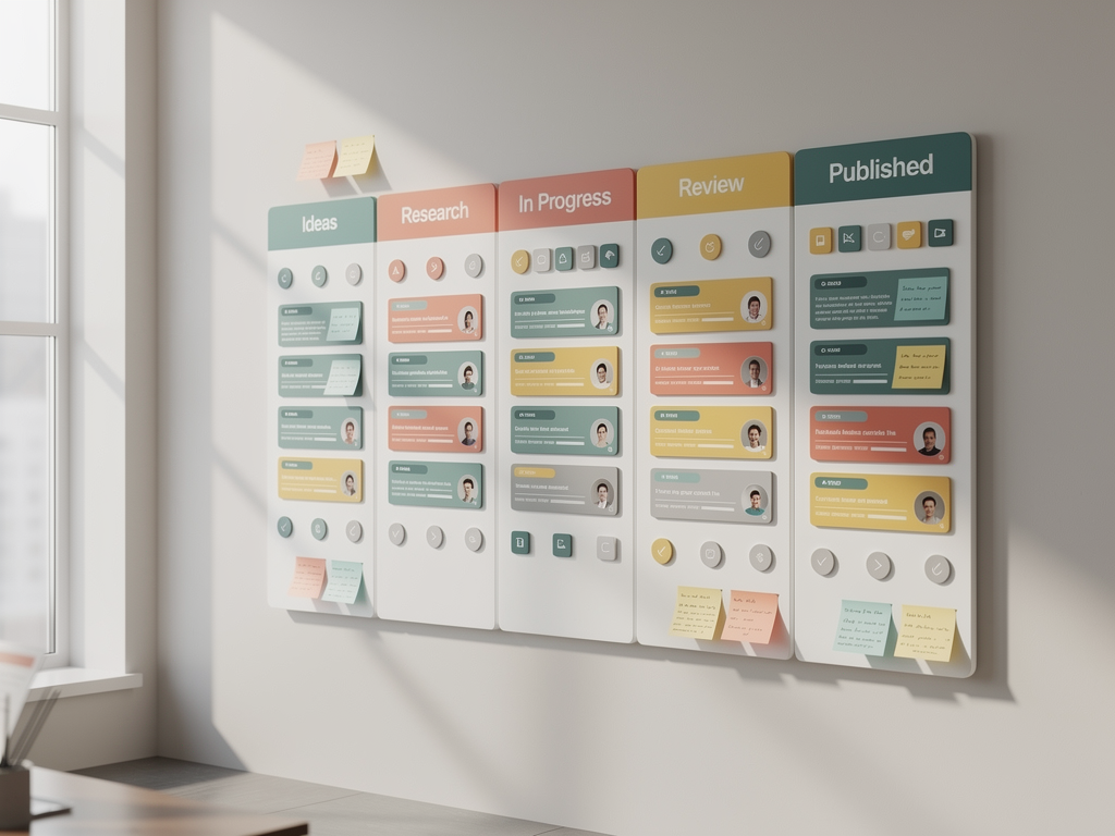 Project management board showing content refresh workflow with columns for Audit, Prioritize, In Progress, Review, and Published, with individual content cards showing article titles, priority scores, assigned team members, and due dates, demonstrating systematic approach to ongoing content maintenance
