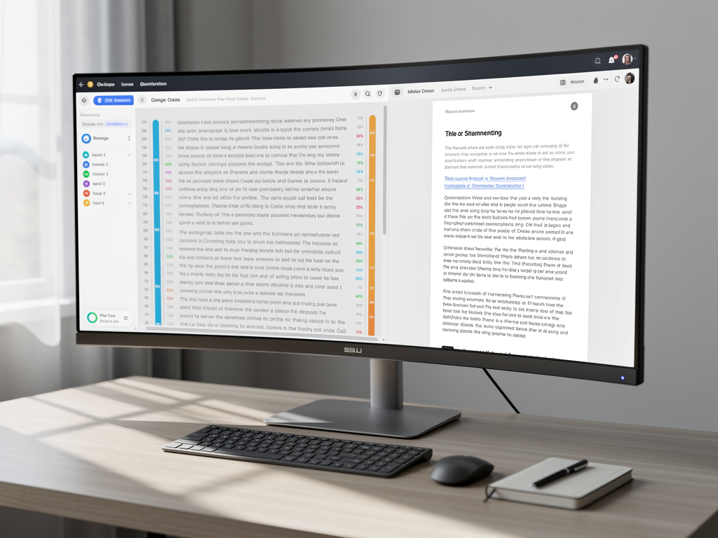 Split-screen comparison showing an AI content editor interface on the left with real-time SEO scoring metrics and a completed, formatted blog article preview on the right, demonstrating the optimization workflow