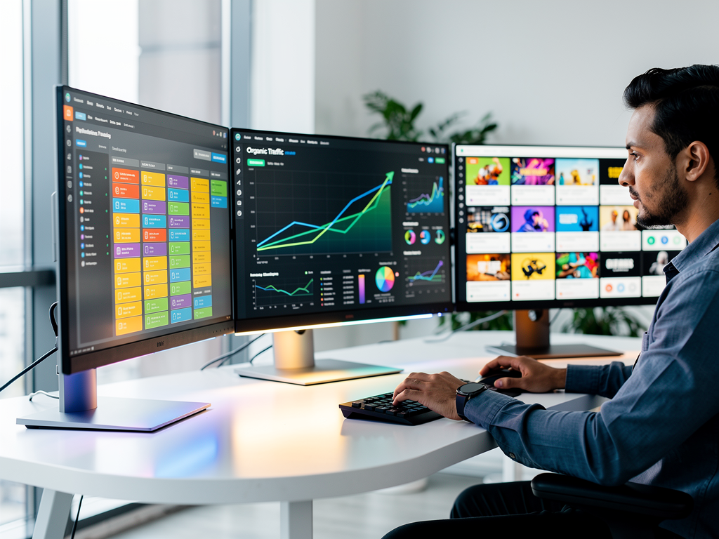 Modern SEO professional reviewing automated content dashboard showing multiple articles in production queue, analytics graphs displaying organic traffic growth, and AI-generated images awaiting approval, photographed in bright office setting with multiple monitors