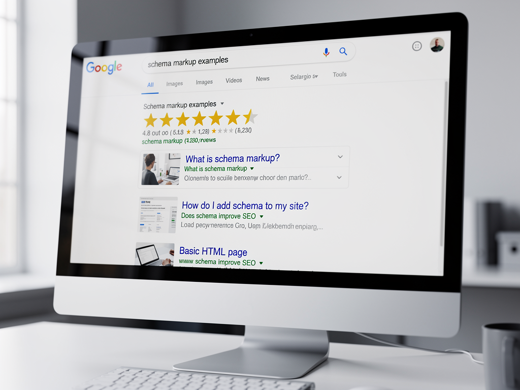 Google search results page showing rich snippets with FAQ accordion, star ratings, and enhanced article previews demonstrating the visual impact of proper schema markup implementation compared to standard blue link results