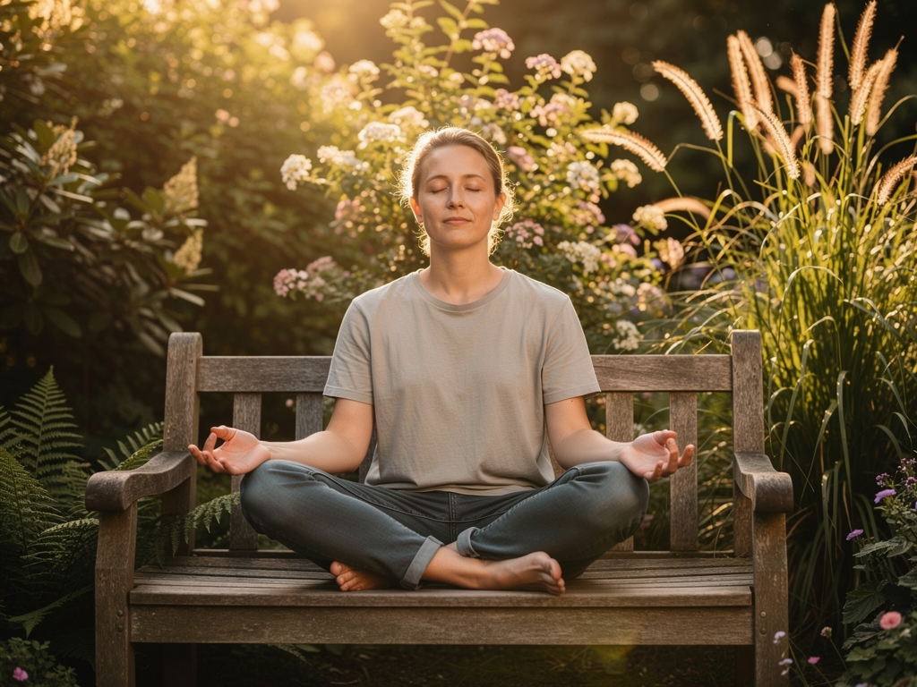 A peaceful morning scene showing someone practising mindful breathing exercises outdoors in a garden, surrounded by greenery, with soft early light and a sense of calm and groundedness