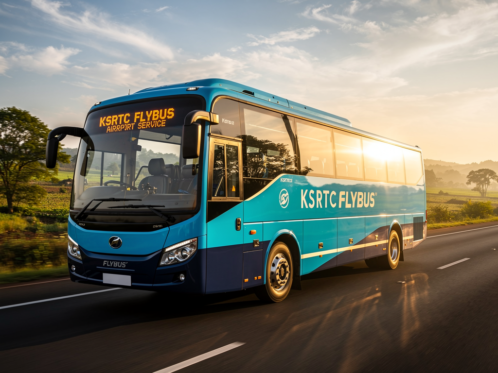 A KSRTC Flybus Volvo coach traveling on a scenic highway with green countryside and distant hills visible through the large windows, golden afternoon sunlight casting warm tones on the blue bus exterior, smooth asphalt road stretching ahead