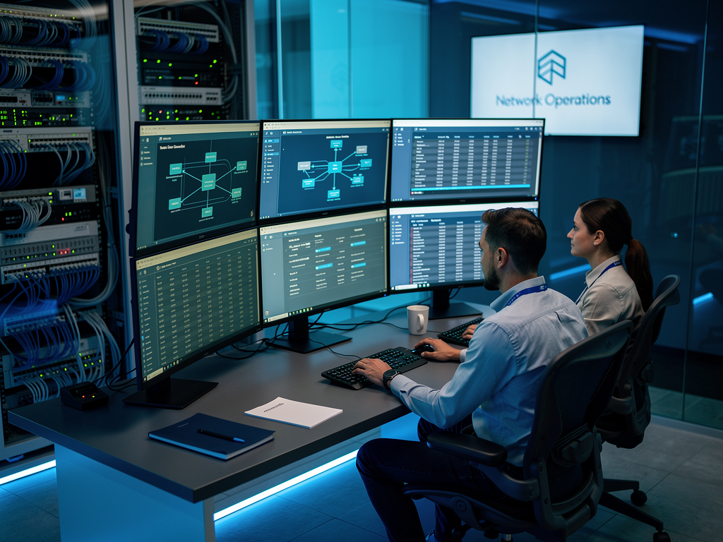 A professional network operations center with multiple monitors displaying VLAN configuration interfaces and network topology diagrams, blue ambient lighting reflecting off glass surfaces, technicians reviewing switch configurations at modern workstations
