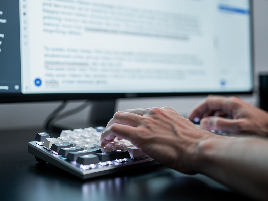 Close-up of a user's hands typing rapidly on a modern mechanical keyboard, with a blurred screen in the background displaying text being corrected in real-time by a writing assistant.