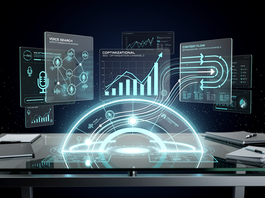 Futuristic technology concept illustration showing AI-powered content creation with multiple integrated capabilities including voice search optimization, AI search visibility tracking, automated publishing, and predictive analytics, displayed in a forward-looking tech visualization style with holographic interface elements