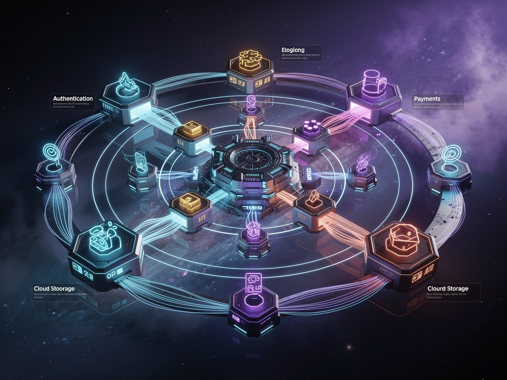 Futuristic visualization of composable SaaS architecture with modular components floating in space, connected by glowing data streams, representing authentication, payments, storage, and custom business logic modules, sci-fi inspired but professional aesthetic