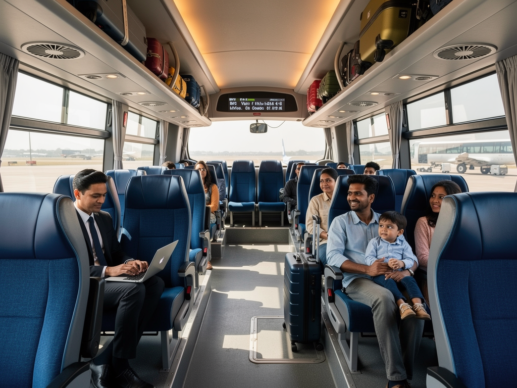 Interior view of a BMTC Vayu Vajra Volvo bus showing comfortable reclining seats with blue upholstery, overhead luggage racks, air conditioning vents, and passengers including business travelers with laptops and families with luggage, well lit cabin during daytime travel