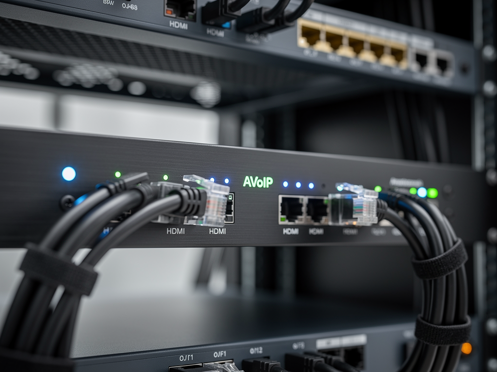 Close-up view of an AVoIP encoder unit installed in a professional AV rack, showing HDMI and network connections with LED status indicators glowing blue and green, demonstrating proper cable management in a modern corporate environment