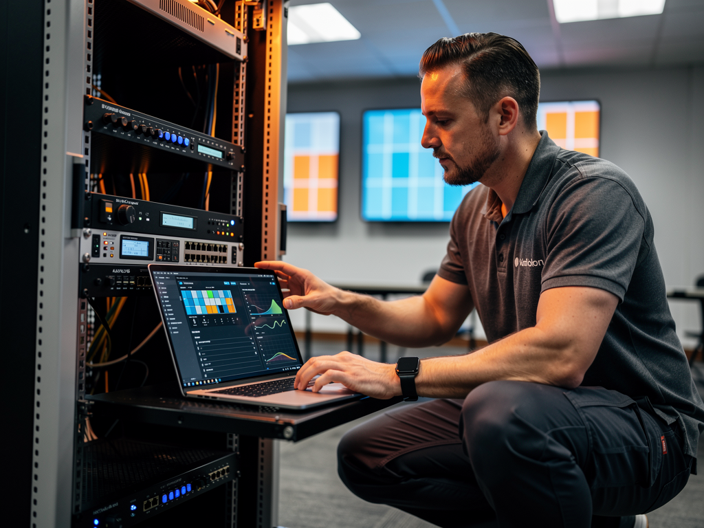 An AV technician in a corporate event space adjusting encoder settings on a rack-mounted AVoIP device, with a laptop displaying configuration software and test patterns visible on nearby monitors