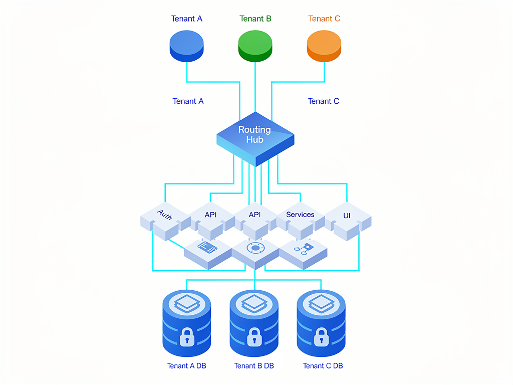 Technical architecture diagram showing multi-tenant system design with separate data paths for different tenants, a central routing layer, shared application code, and isolated database partitions, rendered in a clean blueprint style with blue and white colors