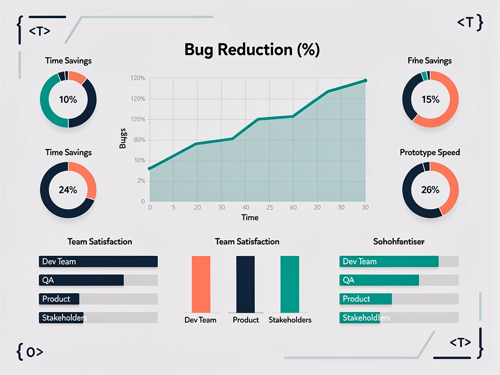 Dashboard visualization showing metrics for prototyping impact including bug reduction percentages, time savings charts, and team satisfaction scores, clean data visualization style with professional color palette