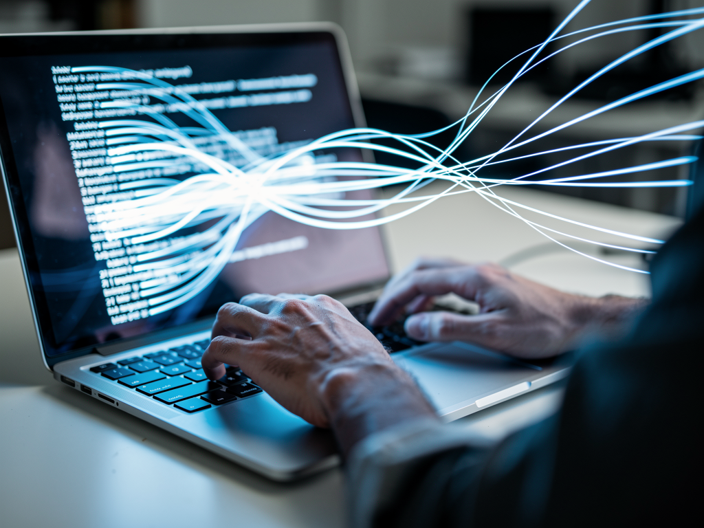 A person's hands typing rapidly on a modern laptop keyboard, with glowing blue lines illustrating the flow of text and ideas across the screen.
