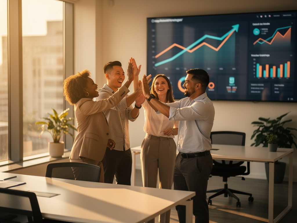 Inspirational business scene showing a diverse marketing team celebrating SEO success with rising traffic charts on a large screen behind them, modern office environment with warm lighting suggesting achievement and collaboration